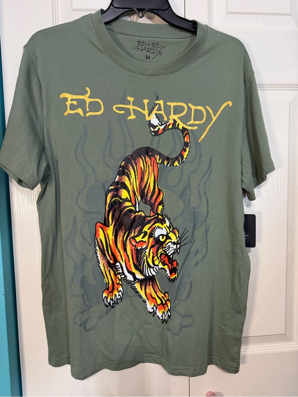 Ed Hardy Olive Green Graphic‎ Tee with Yellow Accents